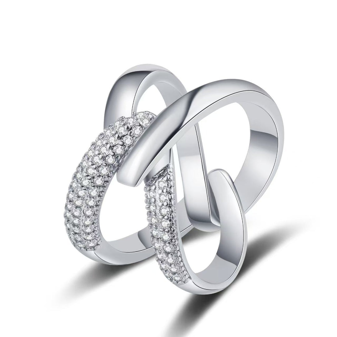 Intertwined Starburst Sterling Silver Diamond Double-Band Ring｜Two-Tone Texture for Daily Elegance