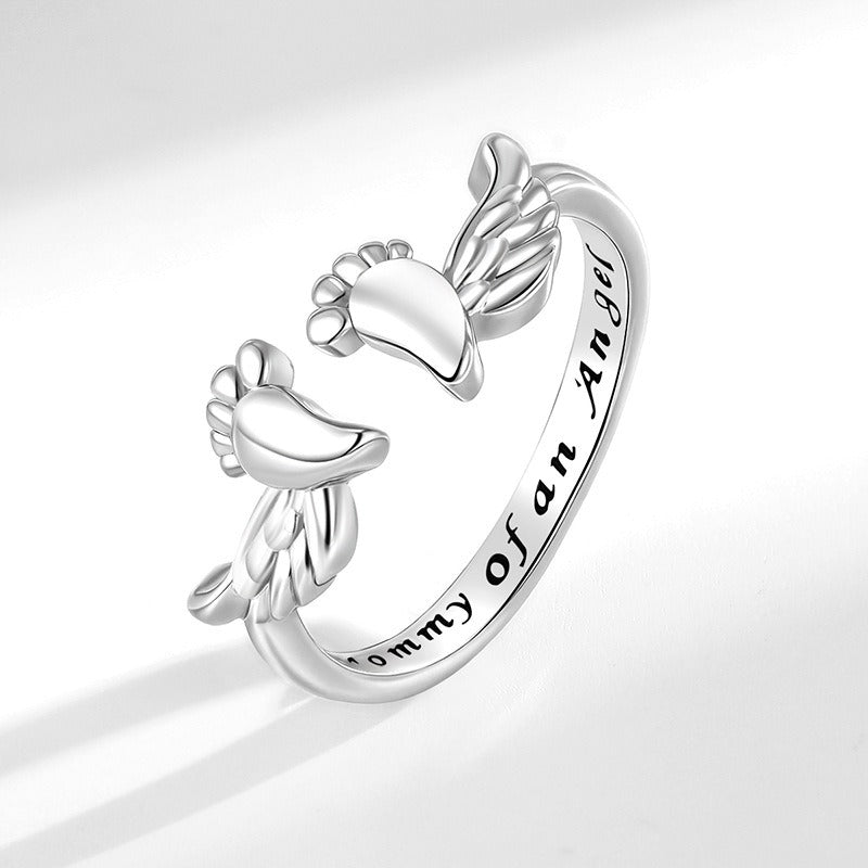 "Footprints of an Angel" Memorial Ring - Women's Silver Open Ring, Personalized Emotional Fashion Accessory