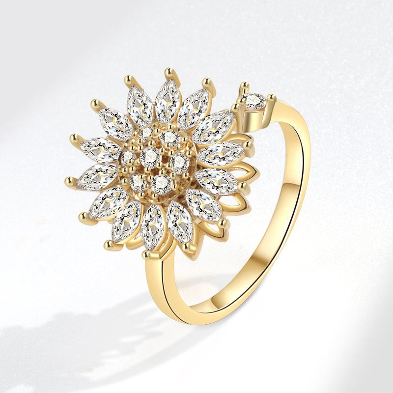 S925 Silver/18K Gold Plated Rotatable Sunflower Full Diamond Ring