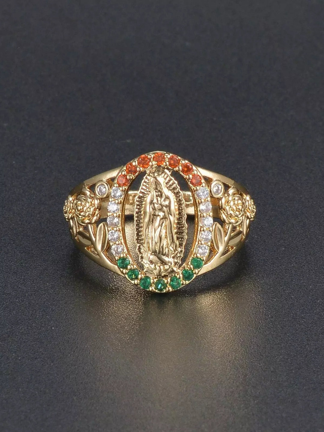 18K Gold Our Lady of Guadalupe Diamond Ring - Retro Religious Style Colored Gemstone Faith Band