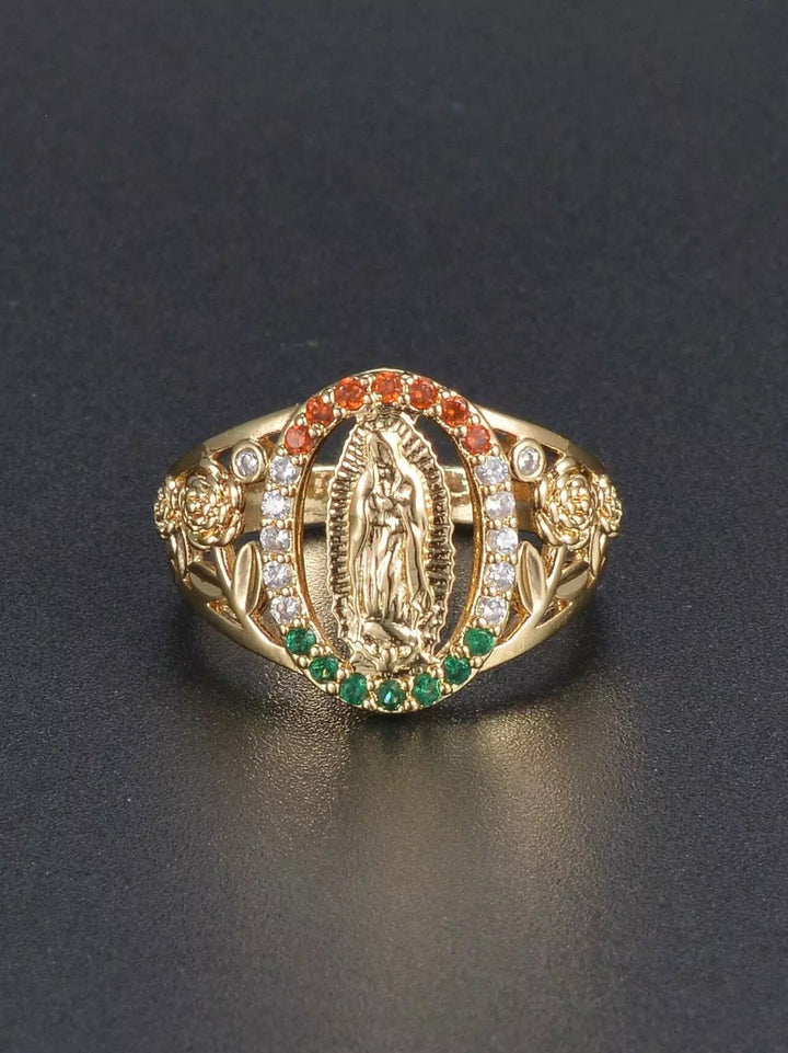 18K Gold Our Lady of Guadalupe Diamond Ring - Retro Religious Style Colored Gemstone Faith Band