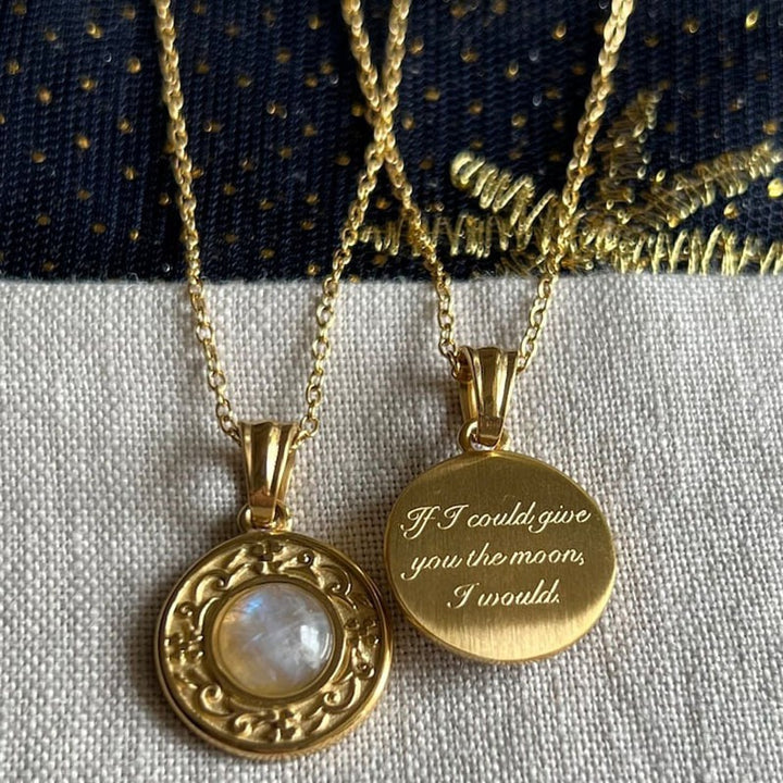 S925 Silver Plated 18K Gold Light Luxury Couple Dual-Color Moonstone Engraved Disk Necklace