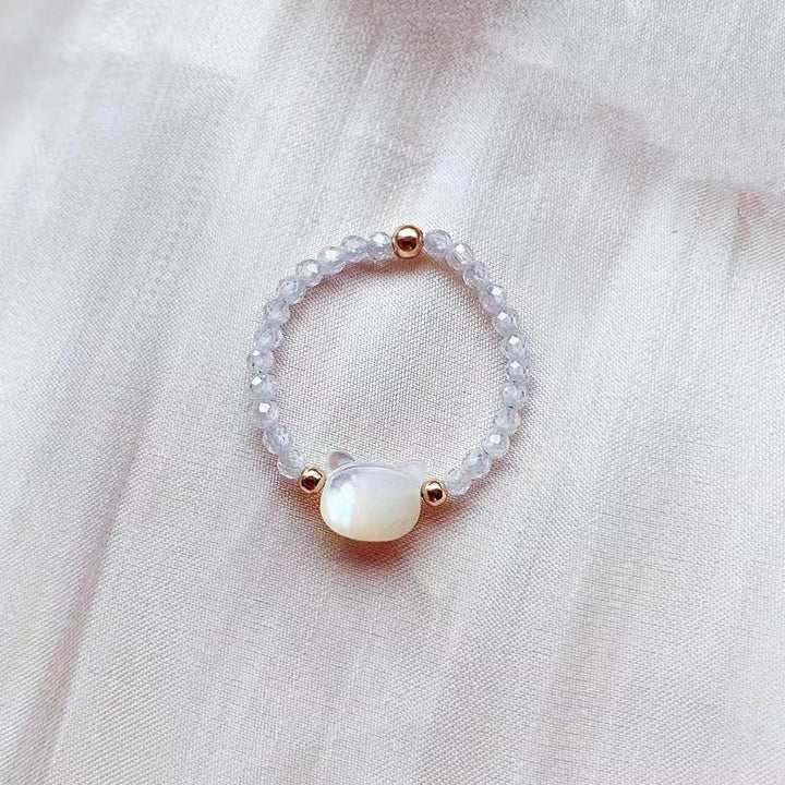 Cute Cat Face Pearl Beaded Ring - Color Crystal Niche Sweet-Cool Band European