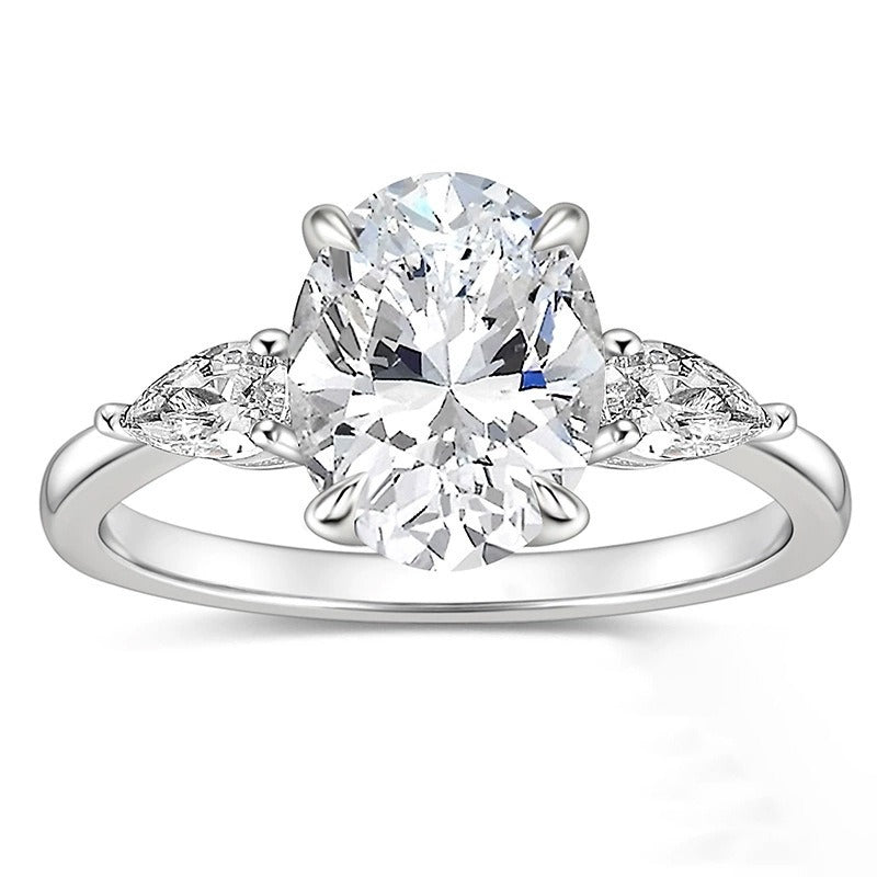 S925 Silver Oval Main Diamond Ring - Pear-Cut Accent Diamond Light Luxury Band