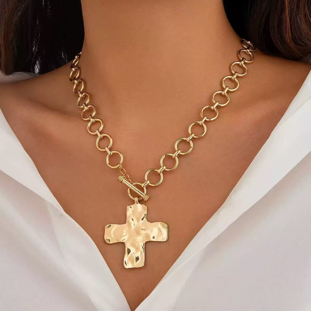 Gold & Silver Hammered Cross Jewelry Set - Necklace, Earrings, Bracelet Women's Light Luxury Religious Style Accessory