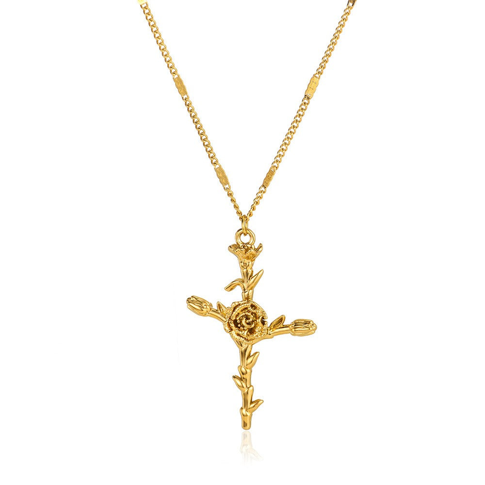 12-Month Birth Flower Cross Necklace 18K Gold-Plated Embossed Floral Pendant Light Luxury Memorial Choker