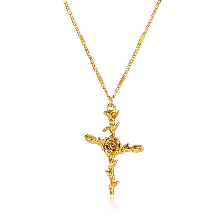 12-Month Birth Flower Cross Necklace 18K Gold-Plated Embossed Floral Pendant Light Luxury Memorial Choker