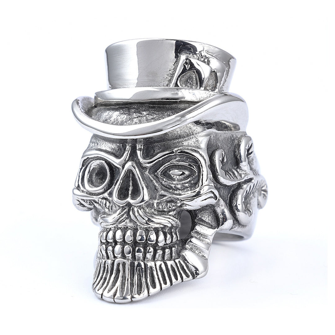 Vintage Silver Gentleman Skull Top Hat Ring 3D Carved Dark-Style Statement Band
