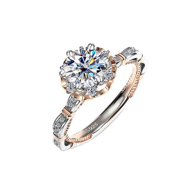 S925 Silver Two-Tone Full-Diamond Ring - Light Luxury Halo Main Diamond Engagement Band