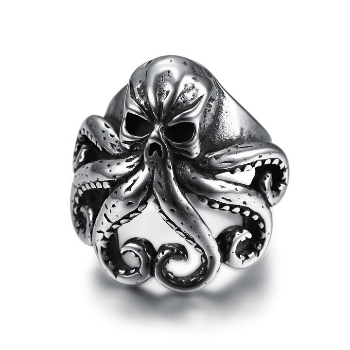 S925 Silver Cthulhu Octopus Skull Ring - Two-Tone Vintage Niche Dark Band