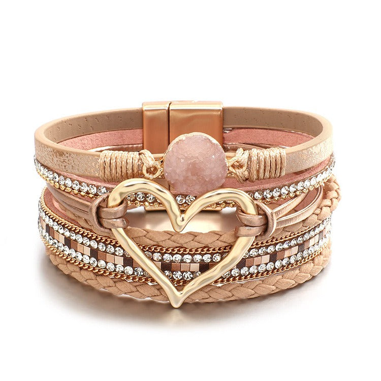 Multi-Color Multi-Layer Heart Braided Bracelet - Leather Diamond-Paved Niche Light Luxury Bracelet