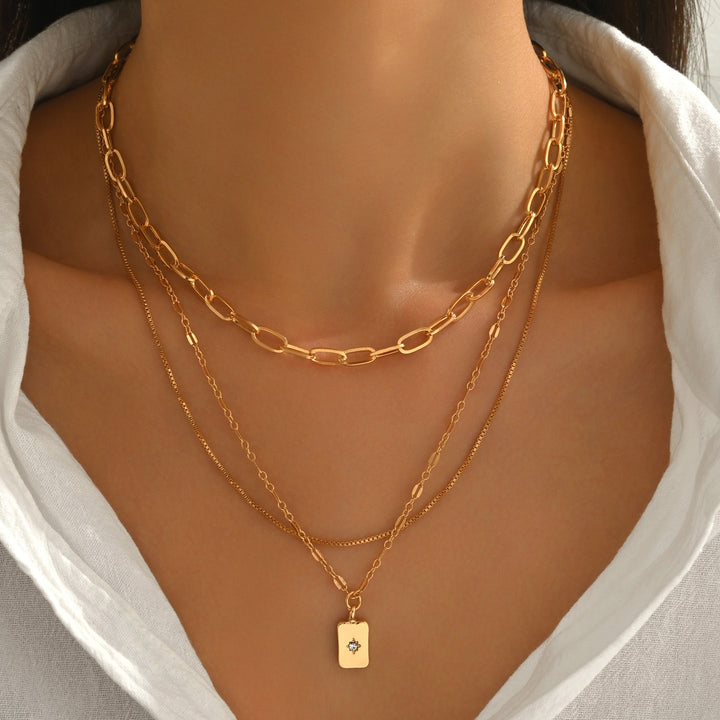 Light Luxury Multi-Layered Necklace - Gold/Silver Two-Color Rectangle Pendant Choker