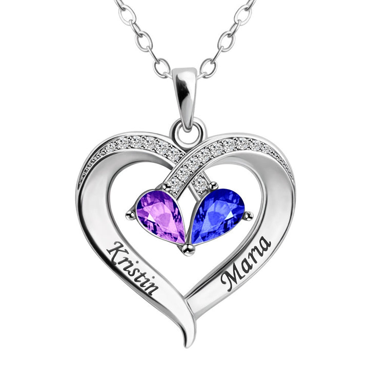 Custom 2-Person Birthstone Heart Necklace Engravable S925 Silver Choker