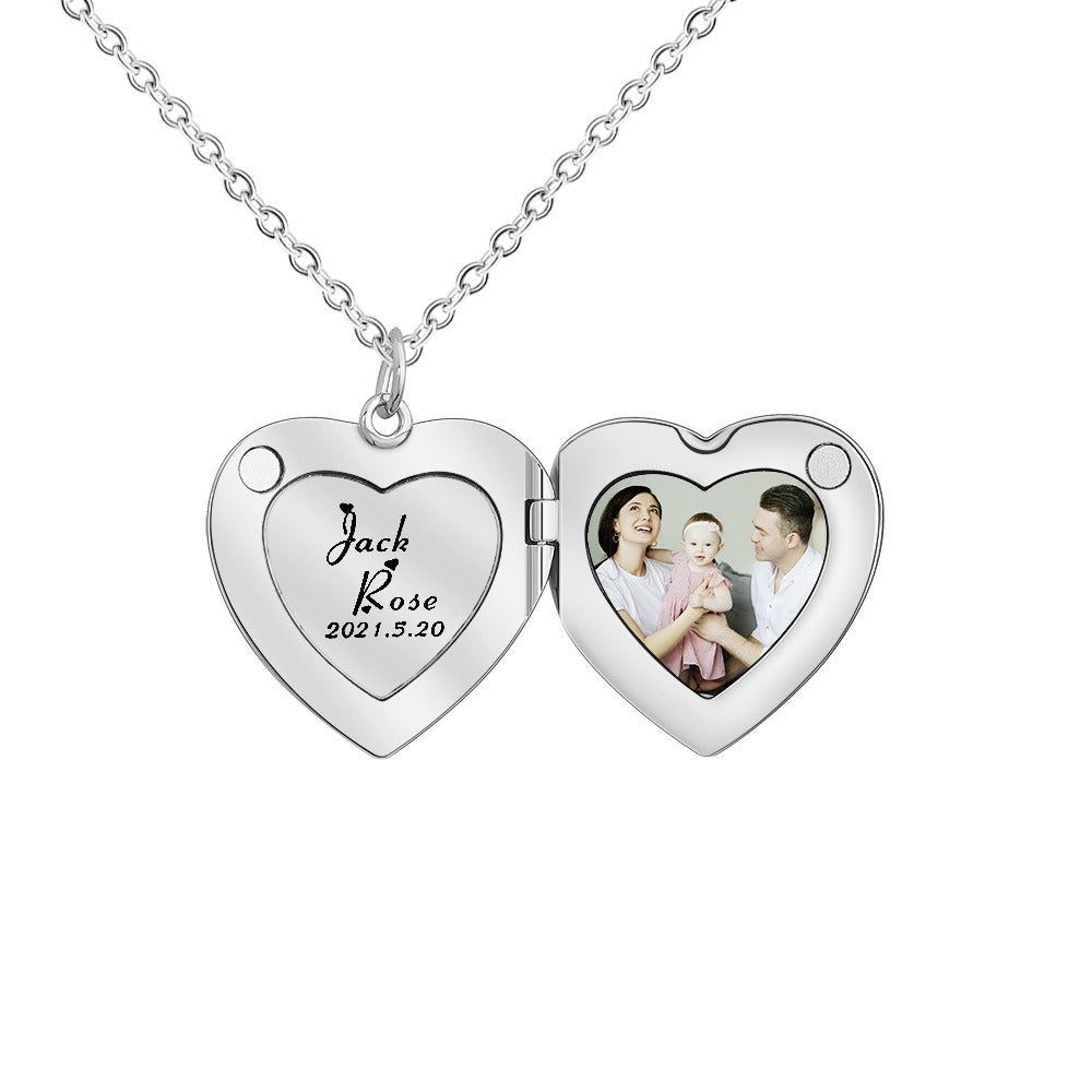For Love - Customized Double Names, Dates & Photo Heart Necklace