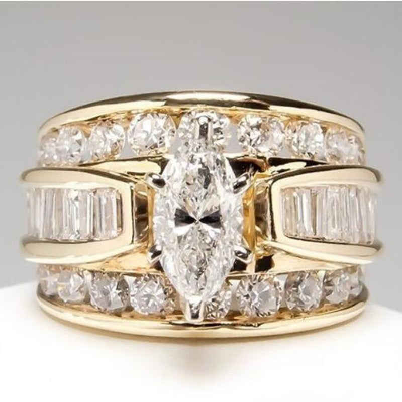 18K Gold\S925 Silver Light Luxury High-End Three-Color Marquise Main Diamond Full-Circle Diamond Ring