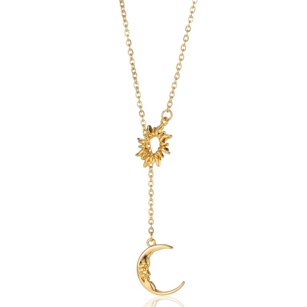 Sun & Moon Y-Drop Necklace - 18K Gold/Silver Retro Niche Pendant Necklace Unisex Fashion Clavicle Chain