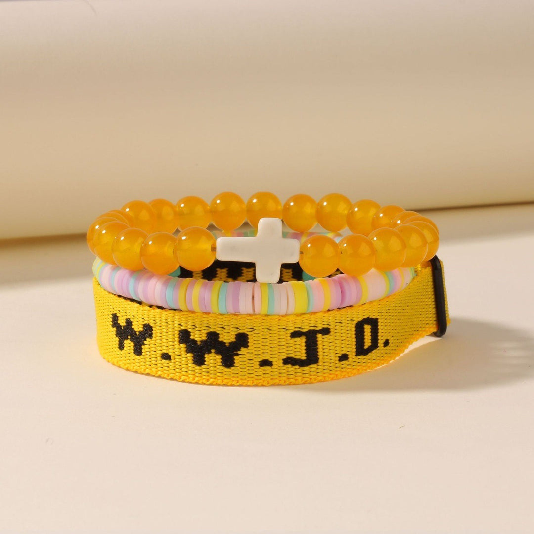 Multi-Color Christian Faith "WWJD" Bracelet Set - Cross Beaded & Webbing Bracelet, Unisex Religious-Style Fashion Accessory