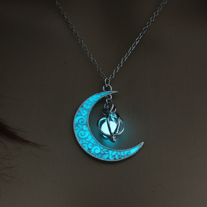 S925 Silver Tri-Color Glow-in-the-Dark Moon Star Lantern Necklace