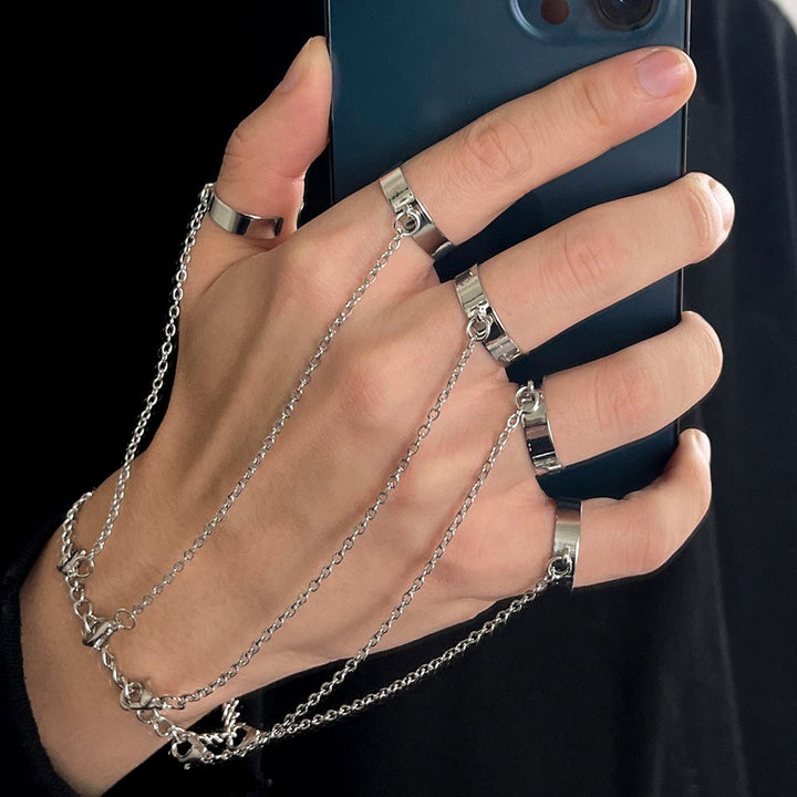 Chain Linked Hand Ring Set - Multi-Color Metal Bracelet & Ring