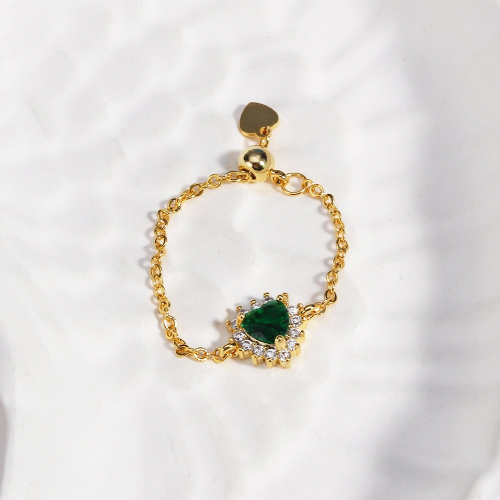 Multi-Color Heart-Shaped Gemstone Chain Adjustable Ring