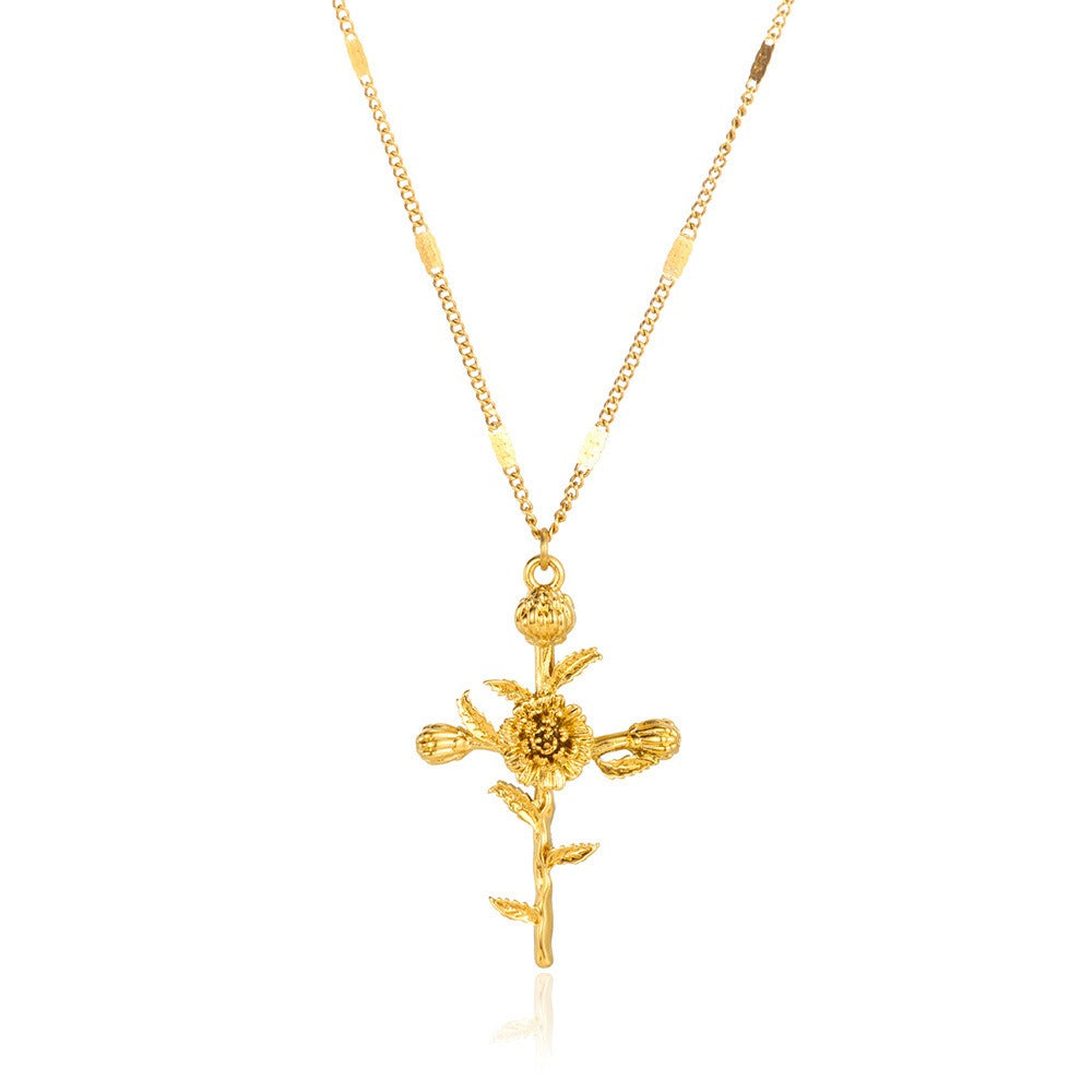 12-Month Birth Flower Cross Necklace 18K Gold-Plated Embossed Floral Pendant Light Luxury Memorial Choker