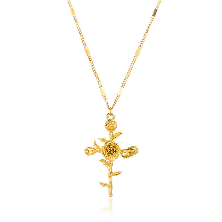 12-Month Birth Flower Cross Necklace 18K Gold-Plated Embossed Floral Pendant Light Luxury Memorial Choker