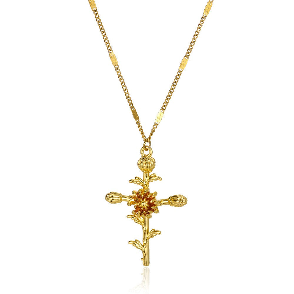 12-Month Birth Flower Cross Necklace 18K Gold-Plated Embossed Floral Pendant Light Luxury Memorial Choker