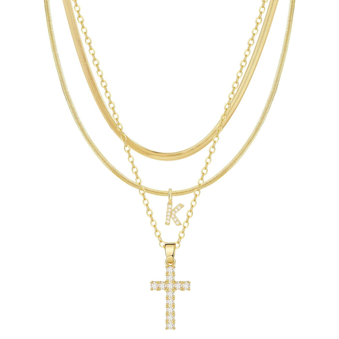 26 Letters Optional Multi-Layer Cross Necklace - Gold Diamond-Encrusted Layered Choker