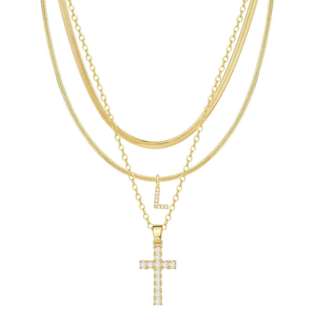 26 Letters Optional Multi-Layer Cross Necklace - Gold Diamond-Encrusted Layered Choker