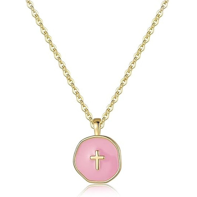 Multi-Color Enamel Cross Disc Necklace