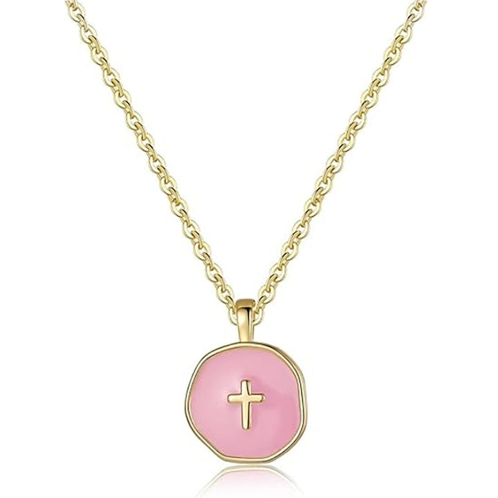 Multi-Color Enamel Cross Disc Necklace