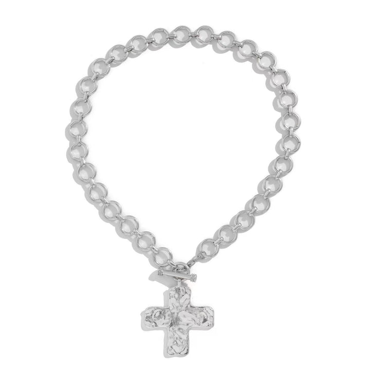 Gold & Silver Hammered Cross Jewelry Set - Necklace, Earrings, Bracelet Women's Light Luxury Religious Style Accessory
