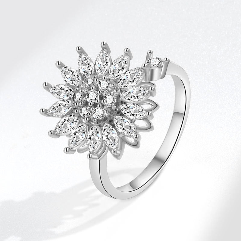 S925 Silver/18K Gold Plated Rotatable Sunflower Full Diamond Ring