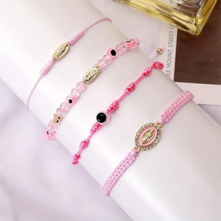 Unisex Religious Braided Rope Bracelets - Virgin Mary/Cross + Evil Eye Decor Lucky Handchains