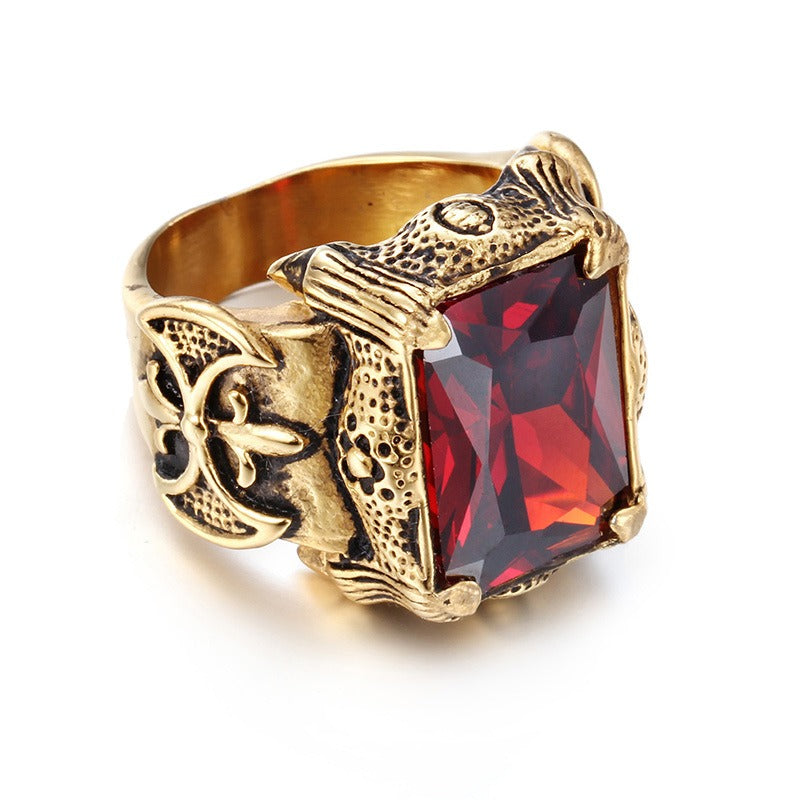 Retro Dark Multi-Color Large Gemstone Ring - Antique Gold/Silver Plated Unisex Niche Statement Band