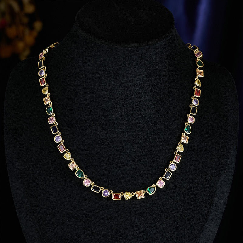 Light Luxury Multi-Color Gemstone Spliced Necklace - Gold Women's Luxurious Banquet Accessory