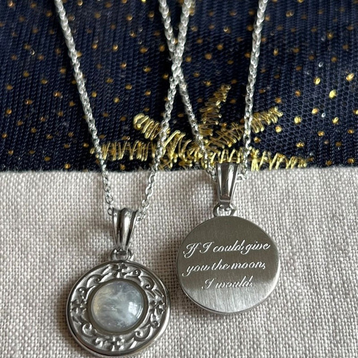 S925 Silver Plated 18K Gold Light Luxury Couple Dual-Color Moonstone Engraved Disk Necklace