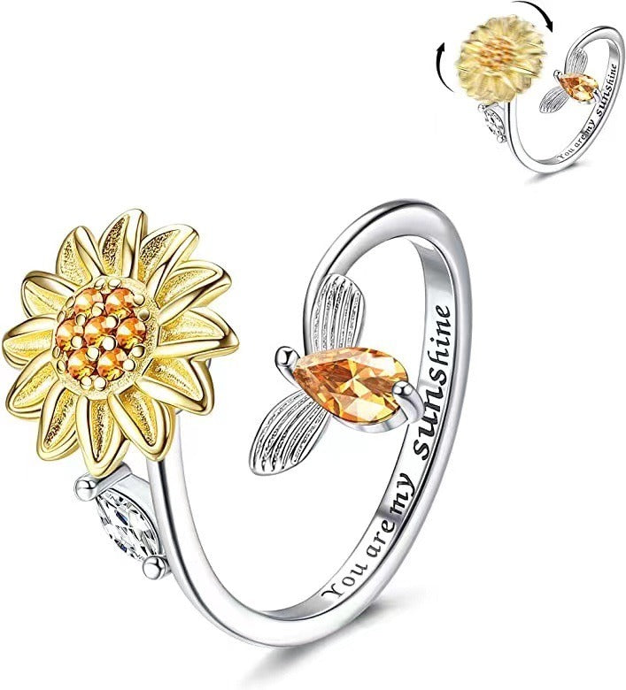 S925 Silver Diamond-Paved Romantic Engraved Band Rotatable Flower & Bee Dual-Color Ring