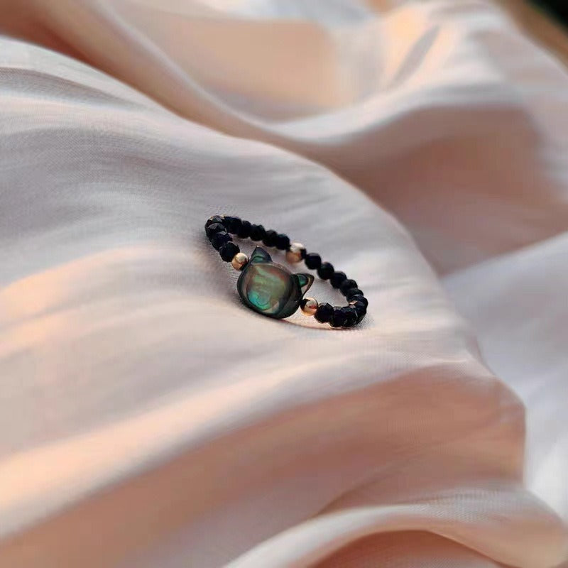 Cute Cat Face Pearl Beaded Ring - Color Crystal Niche Sweet-Cool Band European