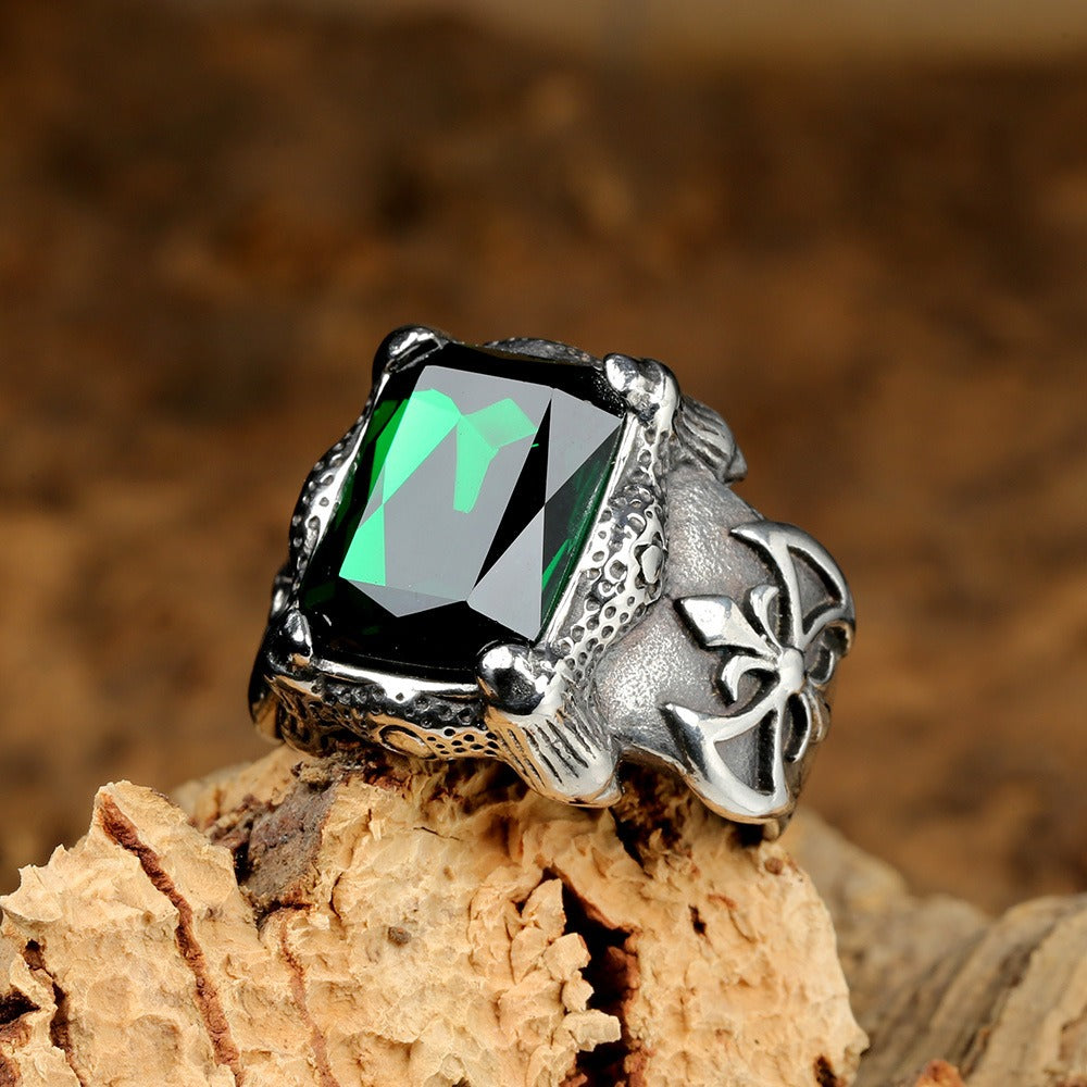 Retro Dark Multi-Color Large Gemstone Ring - Antique Gold/Silver Plated Unisex Niche Statement Band