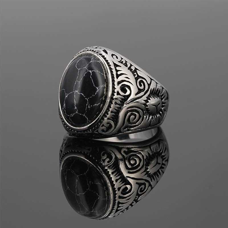 S925 Silver  Antiqued Niche Wide Vintage Carved Multi-Gemstone Ring