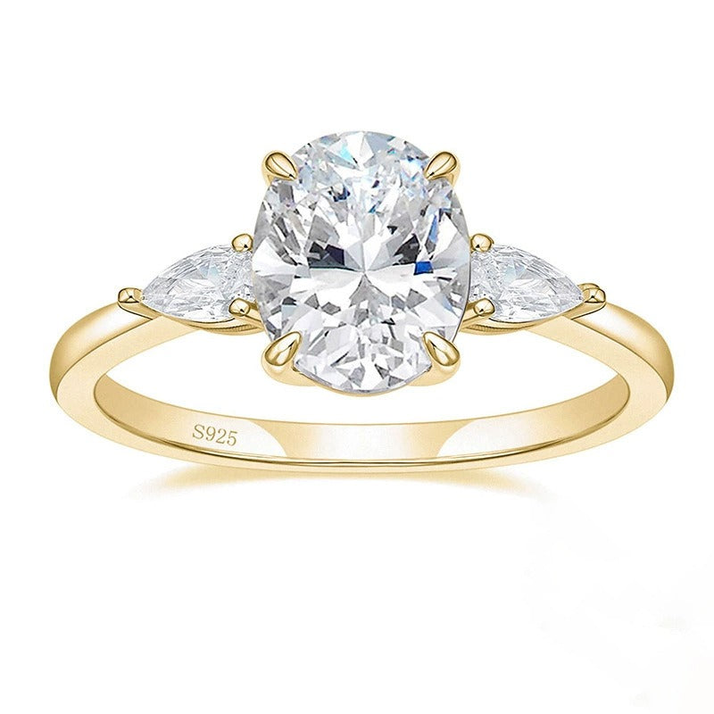 S925 Silver Oval Main Diamond Ring - Pear-Cut Accent Diamond Light Luxury Band