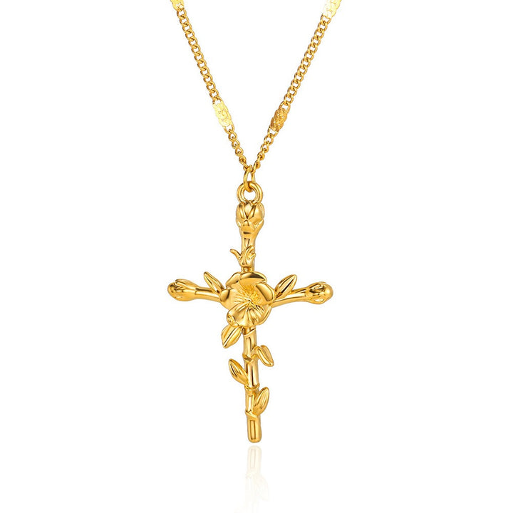 12-Month Birth Flower Cross Necklace 18K Gold-Plated Embossed Floral Pendant Light Luxury Memorial Choker