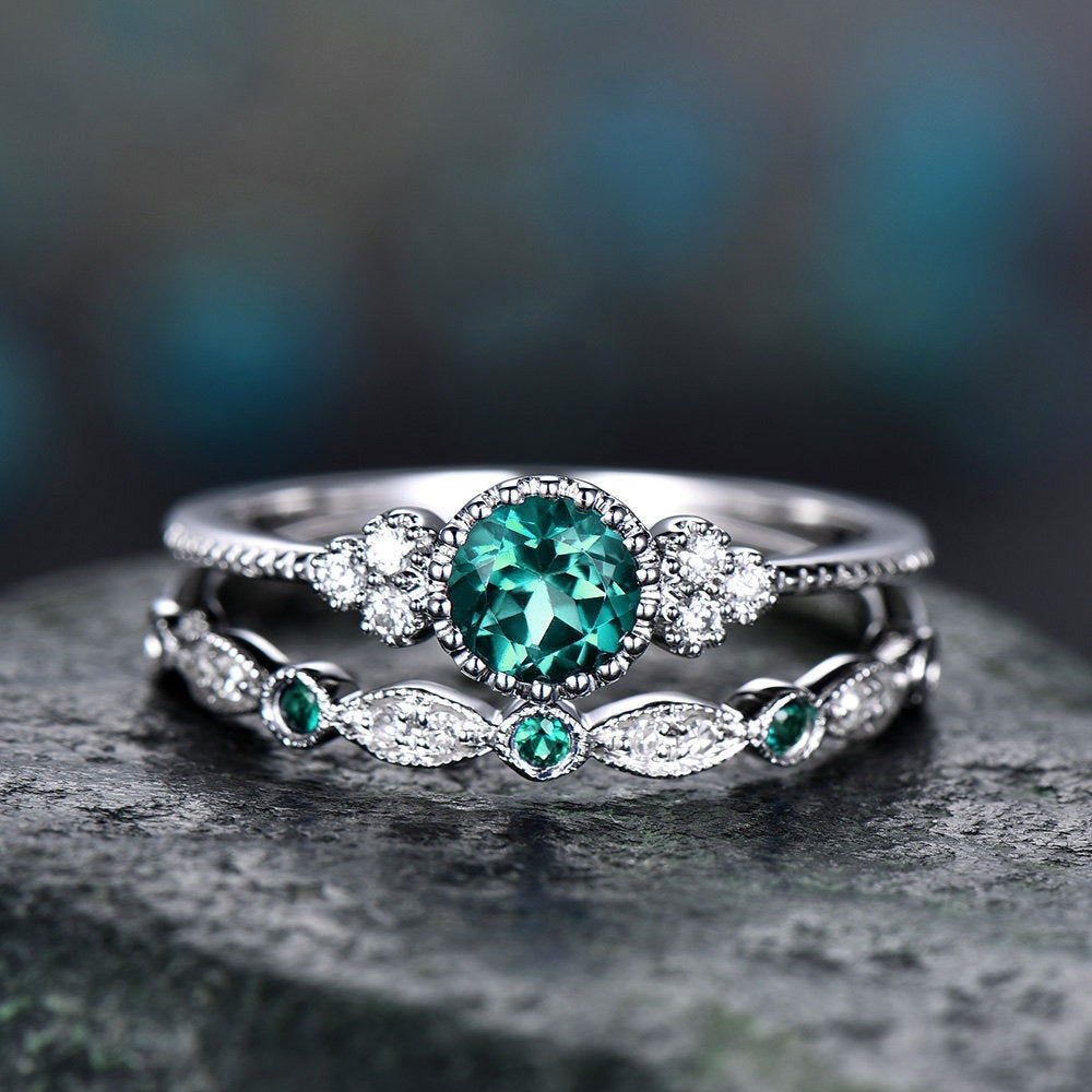 “Eternal Heart” Round Gemstone Ring Set | Stackable Double Ring Design with Halo Setting