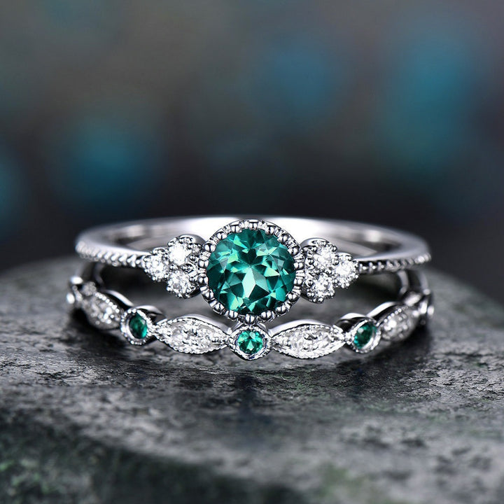 “Eternal Heart” Round Gemstone Ring Set | Stackable Double Ring Design with Halo Setting
