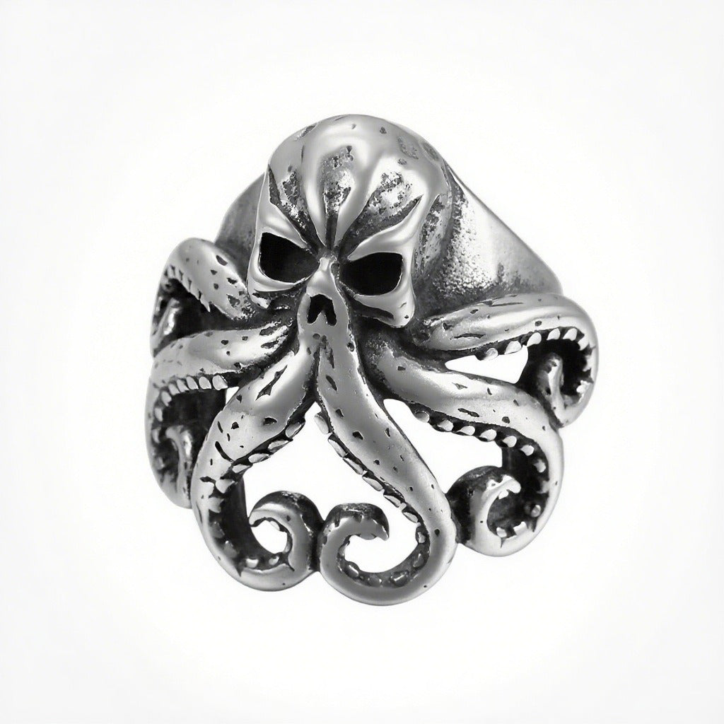 S925 Silver Cthulhu Octopus Skull Ring - Two-Tone Vintage Niche Dark Band