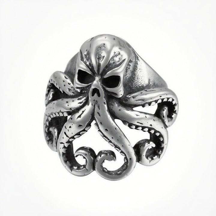 S925 Silver Cthulhu Octopus Skull Ring - Two-Tone Vintage Niche Dark Band