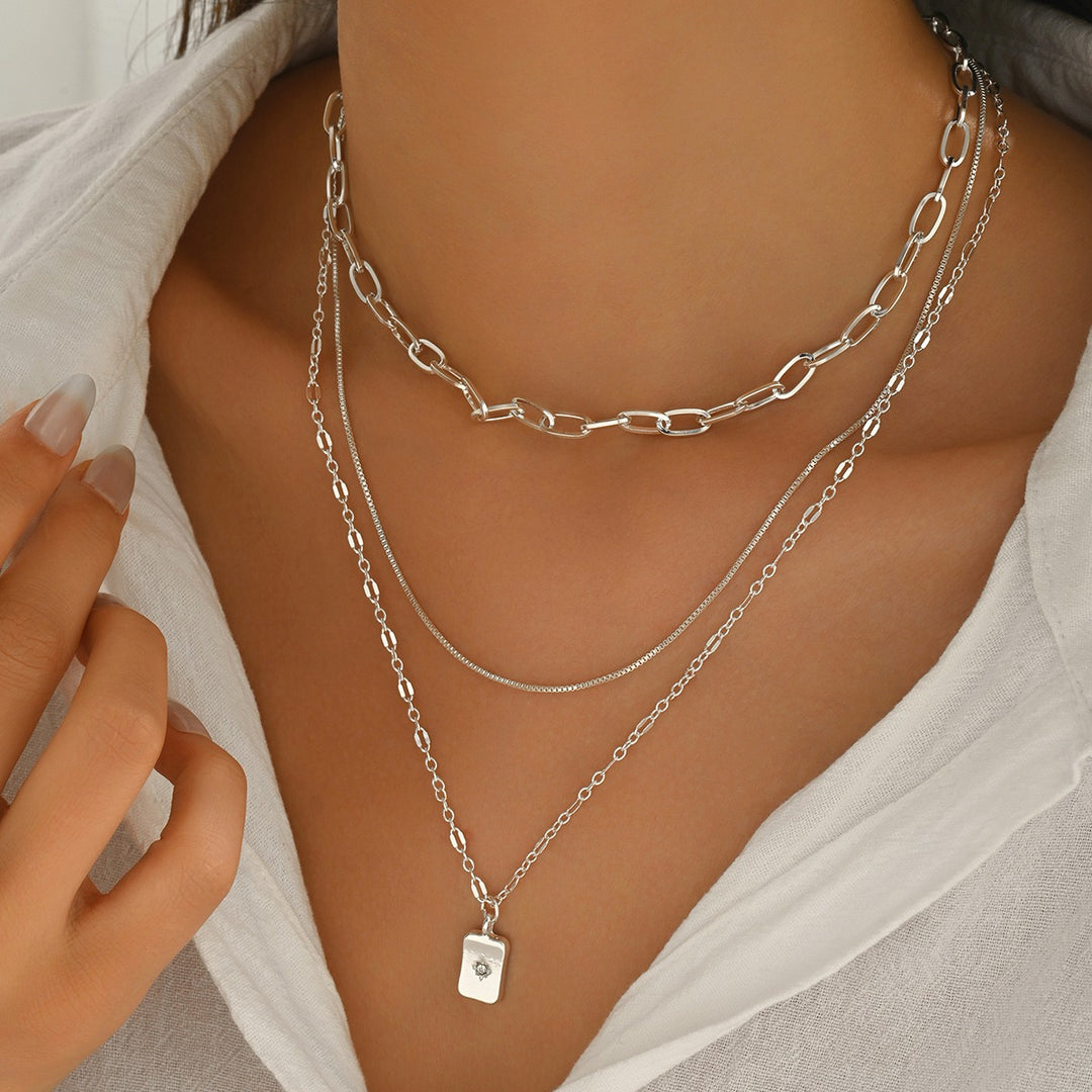 Light Luxury Multi-Layered Necklace - Gold/Silver Two-Color Rectangle Pendant Choker