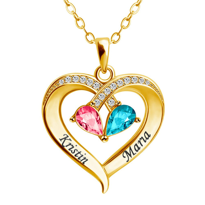 Custom 2-Person Birthstone Heart Necklace Engravable S925 Silver Choker