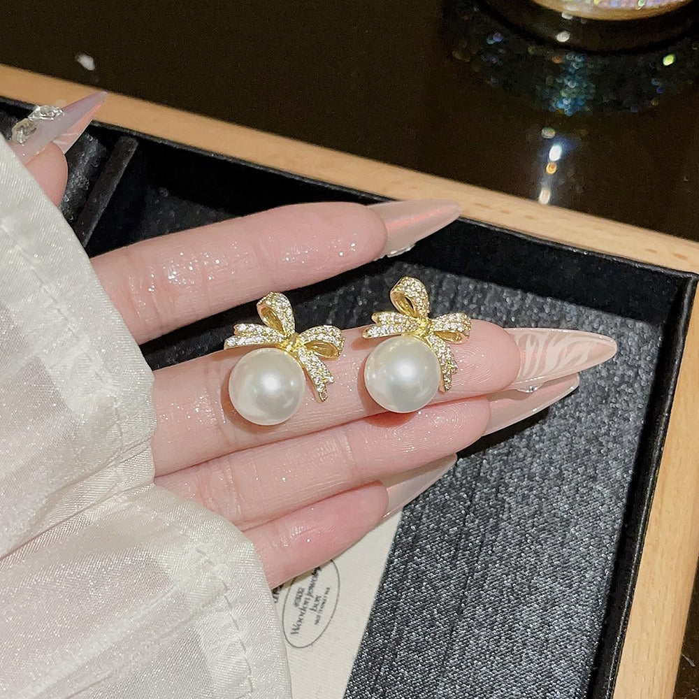 Luxury Pearl & Diamond Bow Stud Earrings | Elegant Sparkle for Everyday & Special Moments